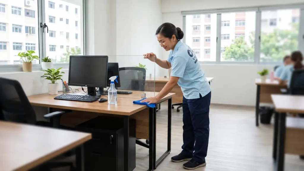 CleanAxisCo cleaner wiping office desks in Singapore