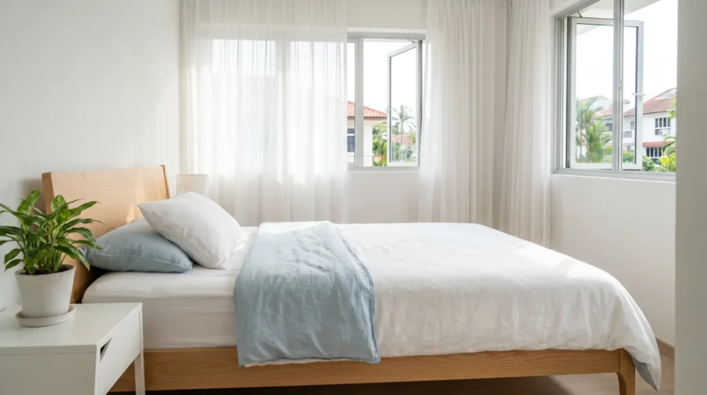 Clean mattress in a bright, airy Singapore bedroom