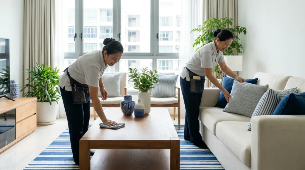 Professional cleaning team working together in a Singapore home