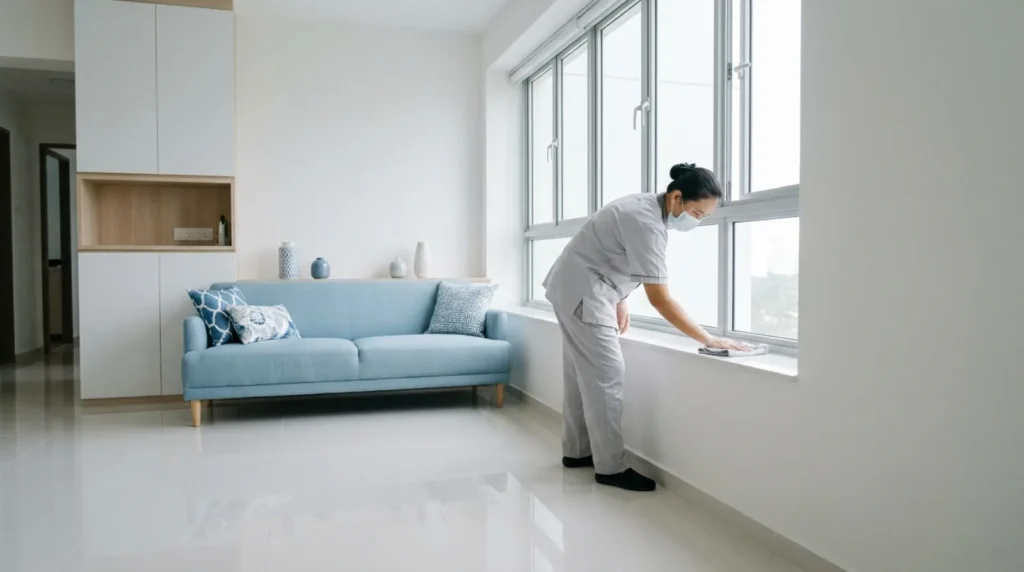 Professional cleaner wiping a windowsill in a freshly renovated Singapore flat